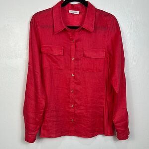 Calvin Klein Vibrant Red Linen Long Sleeve Button-Up Shirt Size L